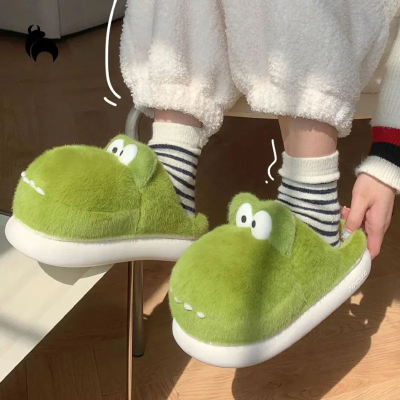 Chaussons Femme Hiver Avec Tête De Crocodile Cartoon - Épais, Chauds, Fermés - Taille Unique