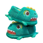 Chausson dinosaure vert enfant en fausse fourrure avec design 3D ludique et semelle souple