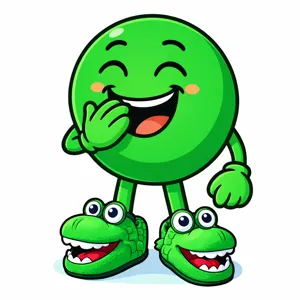 Drolix vert portant des chaussons crocodile rigolos, mascotte Chausson Drôle au style WTF