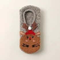 Chausson chaussette rennes gris vu de dessus avec bonnet rouge