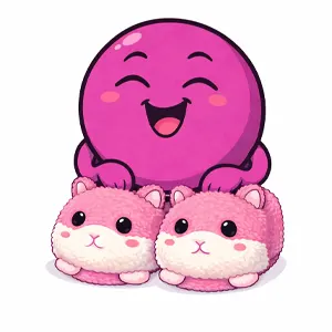 Mascotte Drolix souriante portant des chaussons moelleux en forme de hamster rose