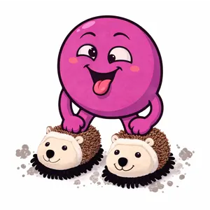 Drolix heureux portant des chaussons hérisson nettoyants pour le sol, drôle et mignon sur fond blanc