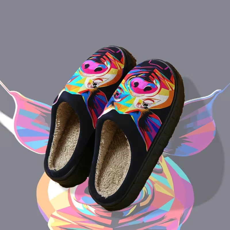 chausson-cochon-pop-art-angle Chaussons cochon pop art vus en angle, design multicolore et intérieur en peluche beige