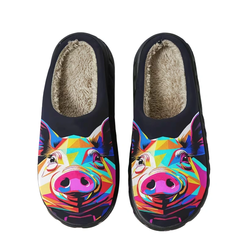 chausson-cochon-pop-art Chausson cochon pop art multicolores avec doublure chaude en peluche et semelle noire