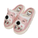 Claquettes fourrures femme chien rose avec tête de chien en relief, chaussons d’intérieur doux et confortables