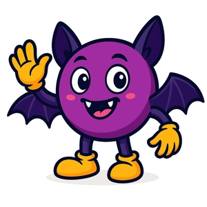 Drolix mascotte cartoon violet qui présente le chausson chauve souris noir