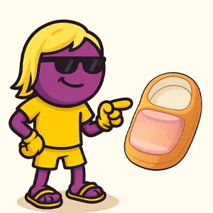 Mascotte Drolix surfeur en tenue jaune pointant un chausson gros orteil beige façon Brice de Nice