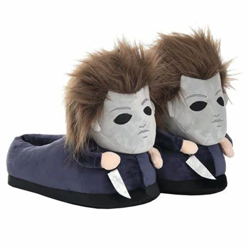 chausson-halloween-michael-myers-vue-produit Chausson Halloween Michael Myers en relief 3D avec masque blanc, cheveux bruns et couteau