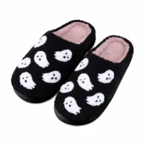 Chaussons Halloween fantôme Blanc noirs avec motifs fantômes blancs et doublure douce