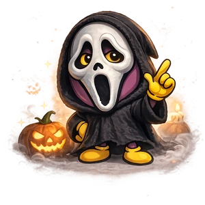 Drolix avec masque de Scream dans une ambiance Halloween avec citrouille