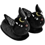 Pantoufle Diable Noir en paire avec croissant doré et oreilles en relief