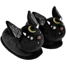 Pantoufle Diable Noir en paire avec croissant doré et oreilles en relief