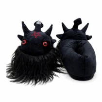 Pantoufle noire démon barbu en peluche avec cornes, yeux rouges et longue barbe noire