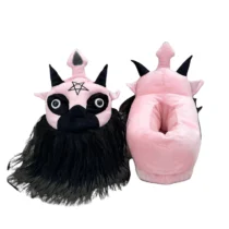 Pantoufle rose démon gothique femme avec cornes noires et barbe longue