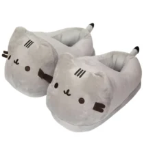 Pantoufles Chat Gris vue trois quarts en peluche douce